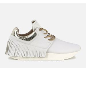 Esseutesse white fringe sneakers with gold detail